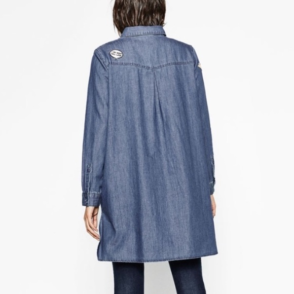 ZARA Basics Z975 Patch Oversized Denim Shirt S Western Chic Grunge Versatile - Picture 7 of 12